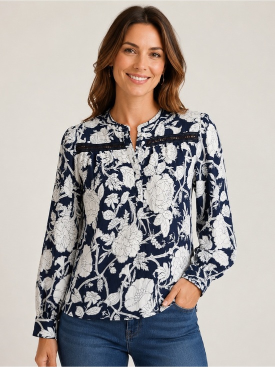 Time and Tru Tops - Time and Tru Women's XXXL Navy Floral Lace Yoke Shirt Long Sleeve Blouse NWT